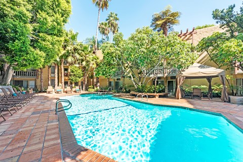 Year-round resort-style heated pool at Mediterranean Village Apartment Homes